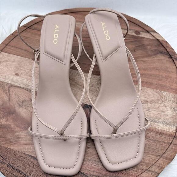 Aldo Shoes Womens Size 9.5 Beige Strappy Square‎ Toe Kitten Heel Sandals Dress - Picture 10 of 13